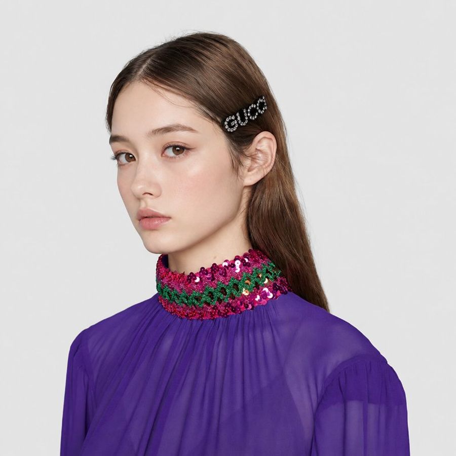 ::GUCCI:: Crystal Gucci Hair Slide In Gold Metal With Black Resin And Crystals 滿版水鑽黑邊髮夾 髮飾-0