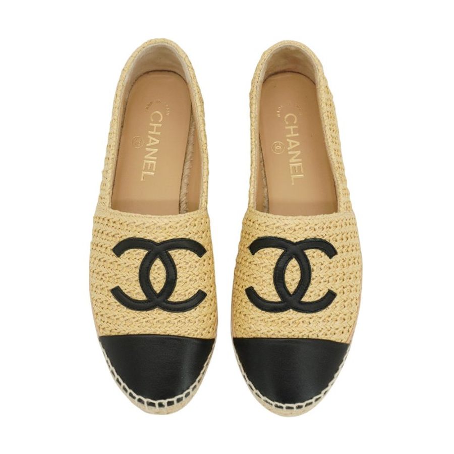 Chanel 展示品 Espadrilles 大雙C logo平底草編鞋#39(米色)-1