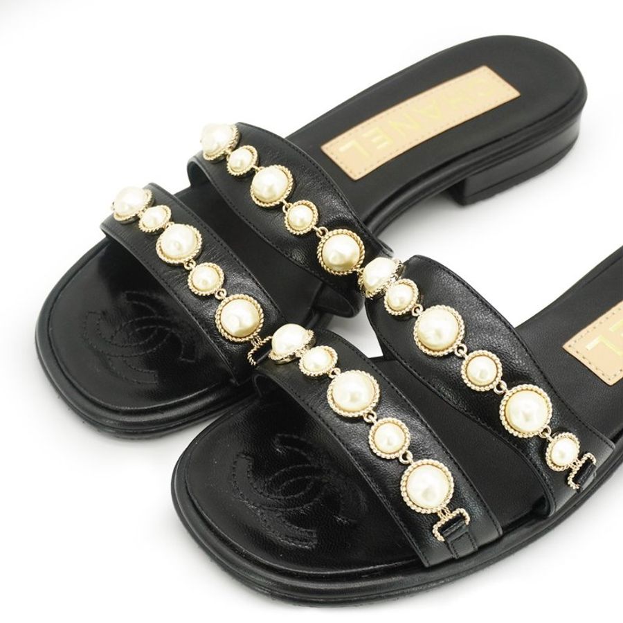 Chanel 展示品 珍珠點綴造型平底拖鞋#35(黑)-2