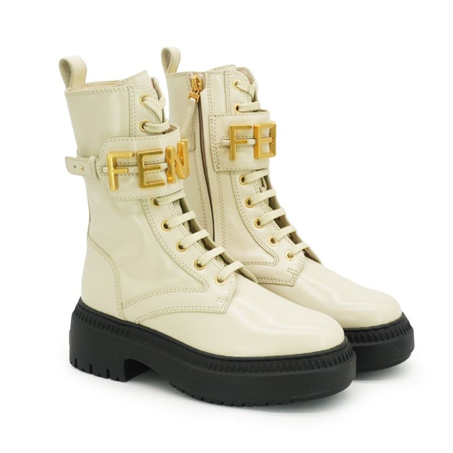 Fendi 展示品 Fendigraphy 綁帶皮革高筒長靴#35(米灰)-1
