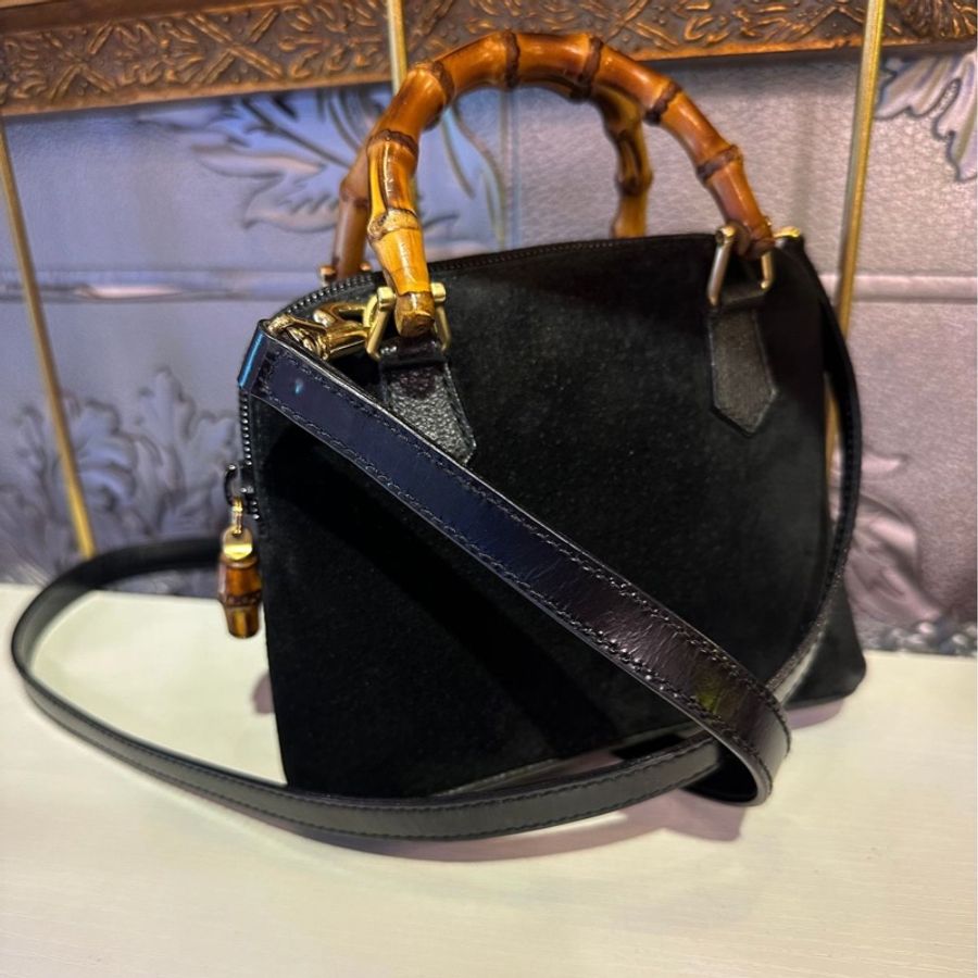 古馳 絕版 中古 黑色 Gucci 古董 竹節 雙人包Vintage Bamboo Bag 斜背包 中古包-0