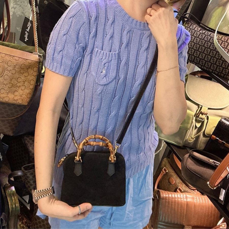 古馳 絕版 中古 黑色 Gucci 古董 竹節 雙人包Vintage Bamboo Bag 斜背包 中古包-1