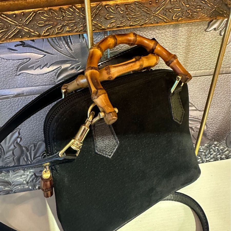 古馳 絕版 中古 黑色 Gucci 古董 竹節 雙人包Vintage Bamboo Bag 斜背包 中古包-3