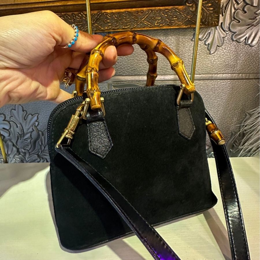 古馳 絕版 中古 黑色 Gucci 古董 竹節 雙人包Vintage Bamboo Bag 斜背包 中古包-6