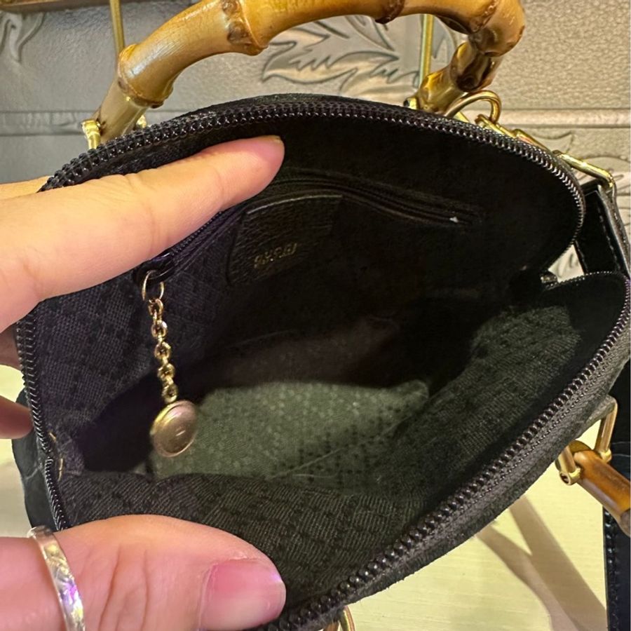古馳 絕版 中古 黑色 Gucci 古董 竹節 雙人包Vintage Bamboo Bag 斜背包 中古包-9