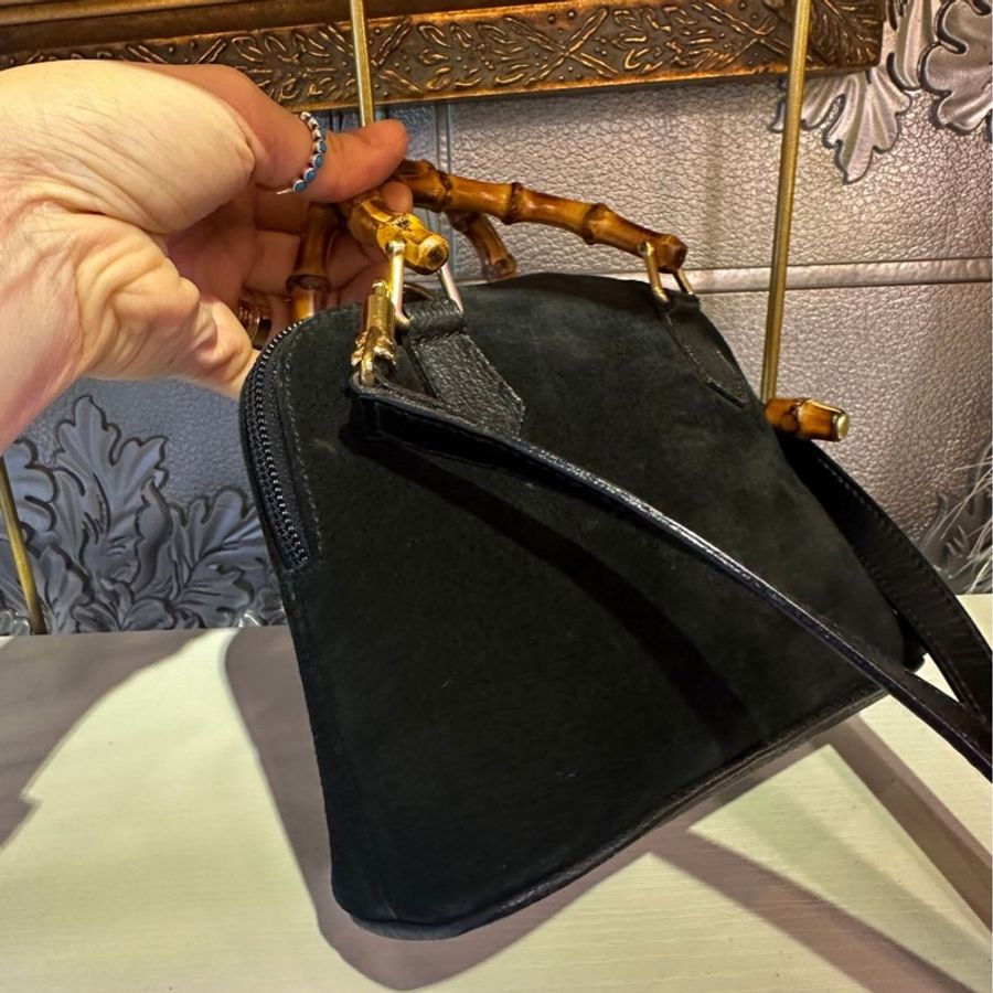古馳 絕版 中古 黑色 Gucci 古董 竹節 雙人包Vintage Bamboo Bag 斜背包 中古包-10