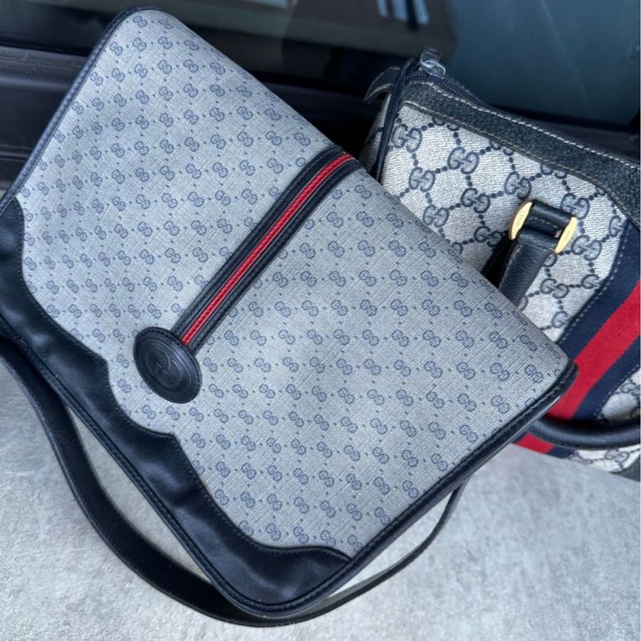 古馳 Gucci 老花 古董藍色微型 郵差包 GG 帆布翻蓋斜背包Vintage Gucci Micro GG Sherry Line Crossbody Bag 男女合用 斜背包 側背包 messenger bag-3