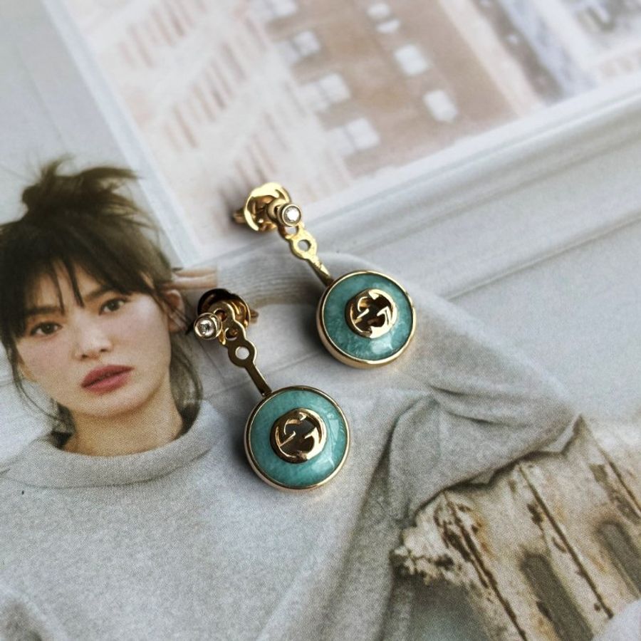 ::GUCCI:: 高級珠寶系列 松石綠 雙G18K金鑲鑽耳環 Gucci Interlocking 18k earrings-1