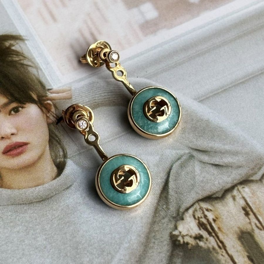 ::GUCCI:: 高級珠寶系列 松石綠 雙G18K金鑲鑽耳環 Gucci Interlocking 18k earrings-3