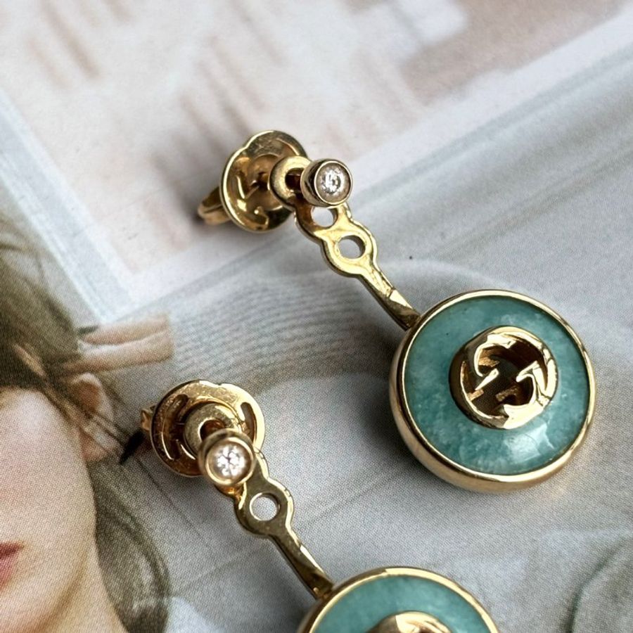 ::GUCCI:: 高級珠寶系列 松石綠 雙G18K金鑲鑽耳環 Gucci Interlocking 18k earrings-4
