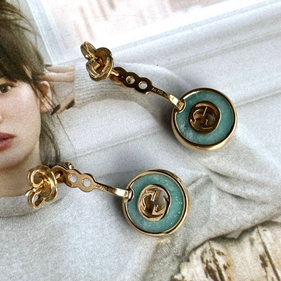 ::GUCCI:: 高級珠寶系列 松石綠 雙G18K金鑲鑽耳環 Gucci Interlocking 18k earrings-6