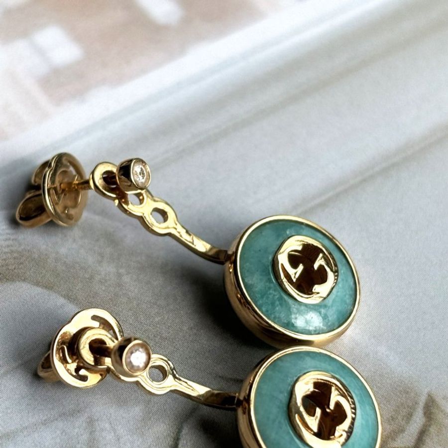 ::GUCCI:: 高級珠寶系列 松石綠 雙G18K金鑲鑽耳環 Gucci Interlocking 18k earrings-10