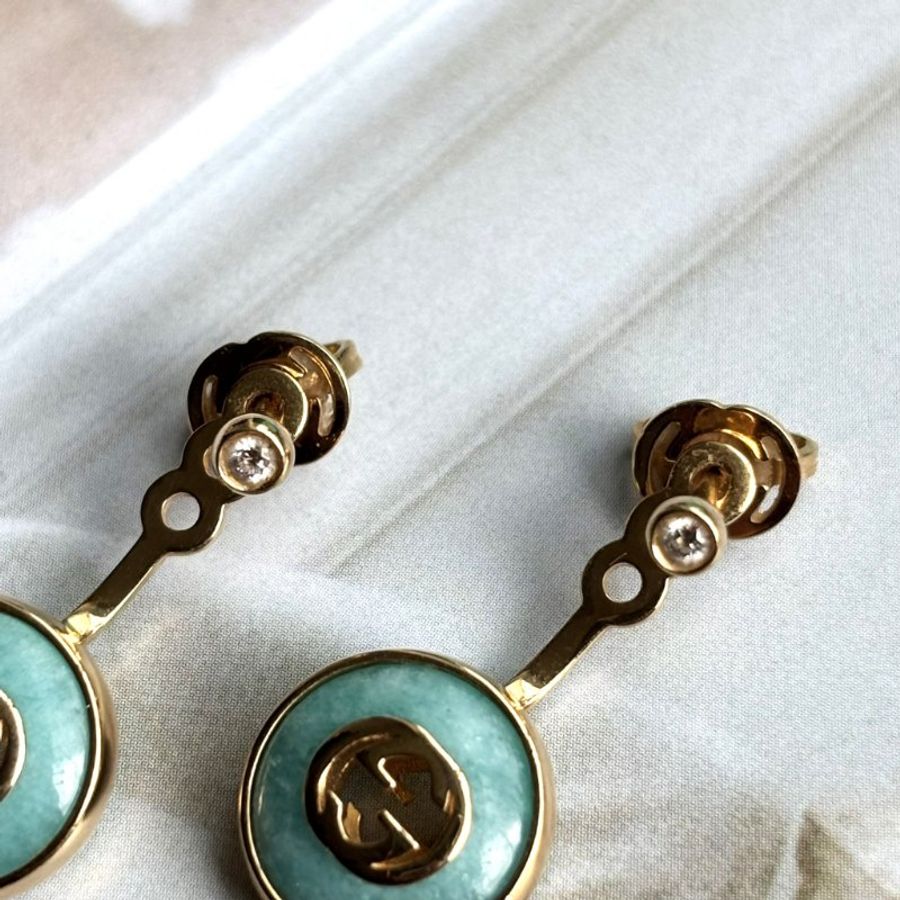::GUCCI:: 高級珠寶系列 松石綠 雙G18K金鑲鑽耳環 Gucci Interlocking 18k earrings-11