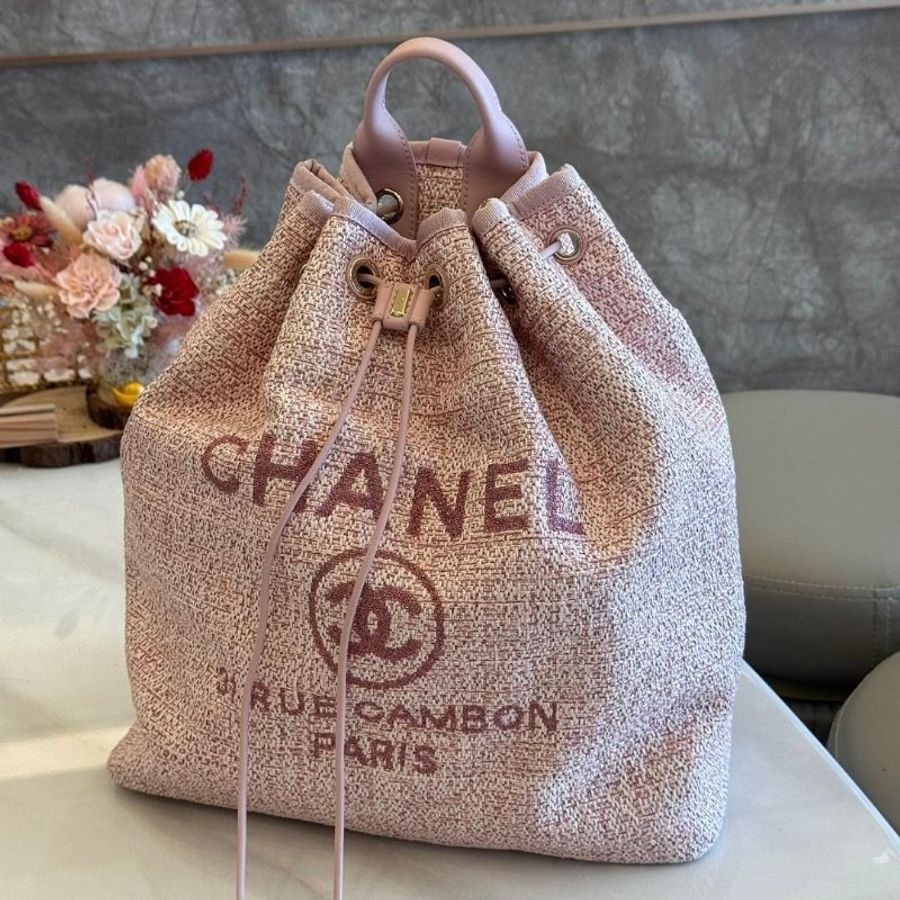 CHANEL 粉色毛呢 牛皮 Deauville Backpack 後背包-0