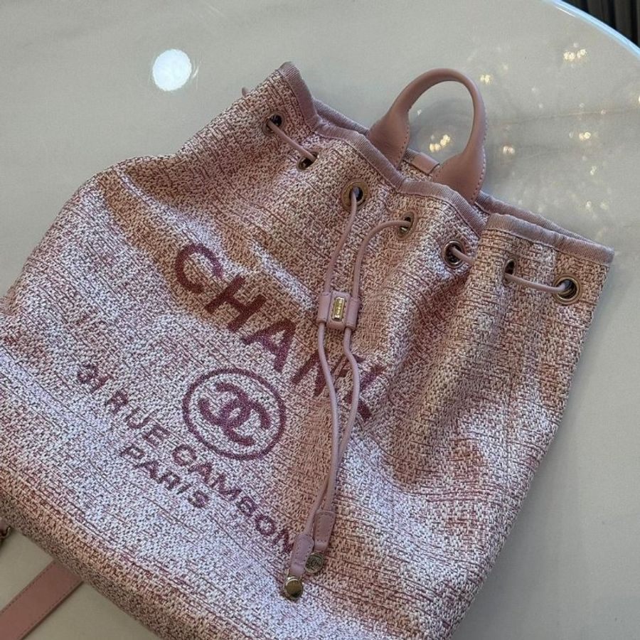 CHANEL 粉色毛呢 牛皮 Deauville Backpack 後背包-1