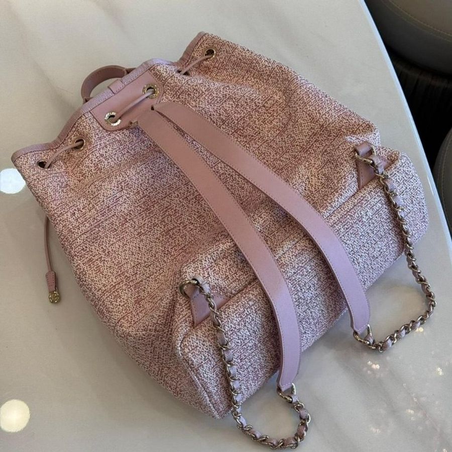CHANEL 粉色毛呢 牛皮 Deauville Backpack 後背包-2