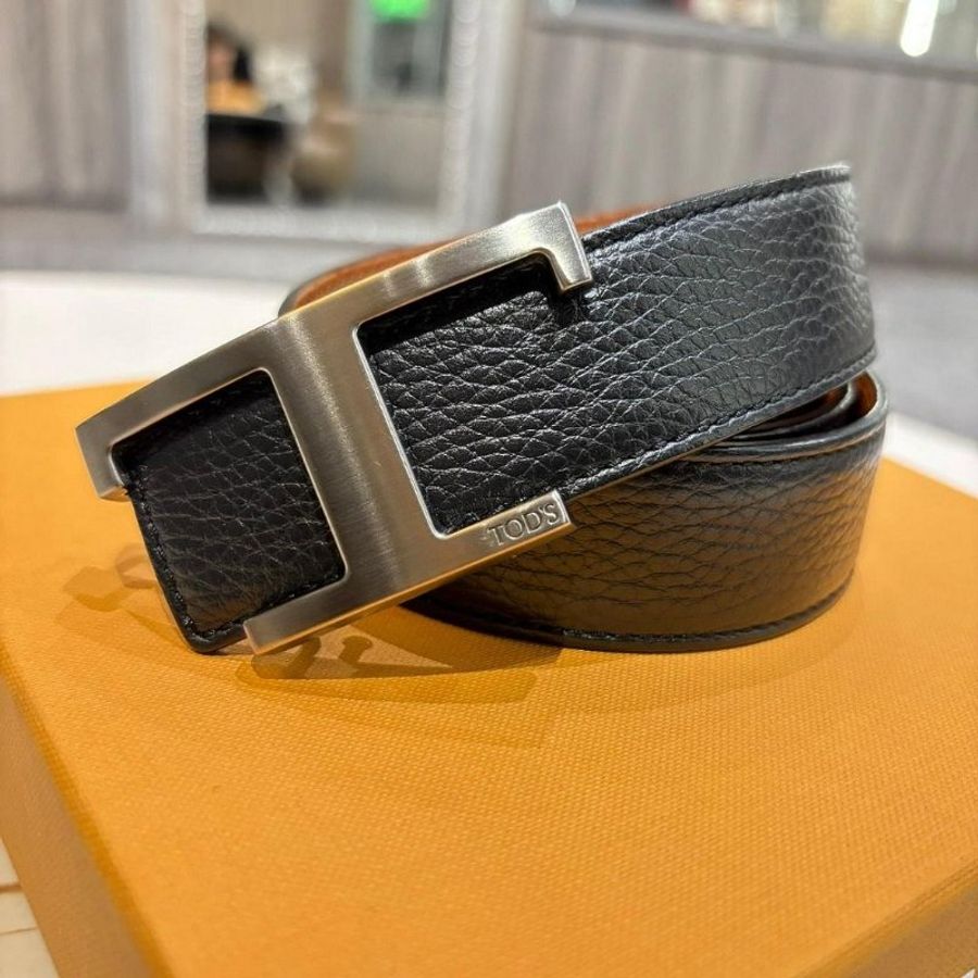 TOD'S Timeless 仿舊T釦牛皮腰帶(棕色x黑色) 90CM-0