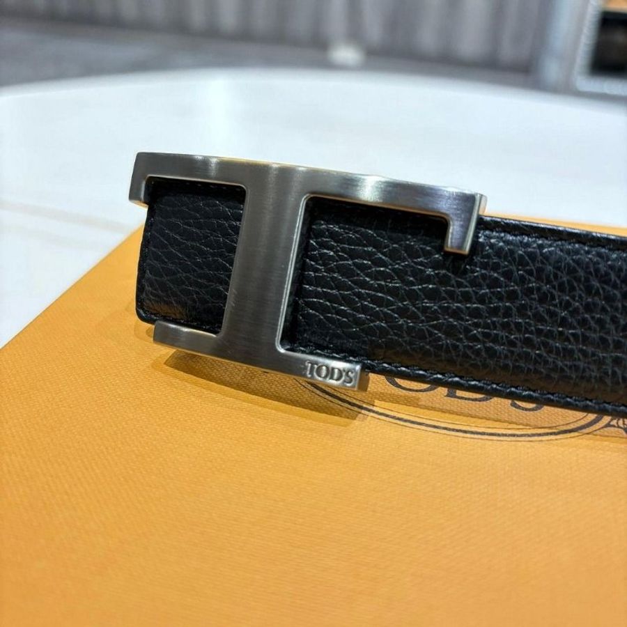 TOD'S Timeless 仿舊T釦牛皮腰帶(棕色x黑色) 90CM-1