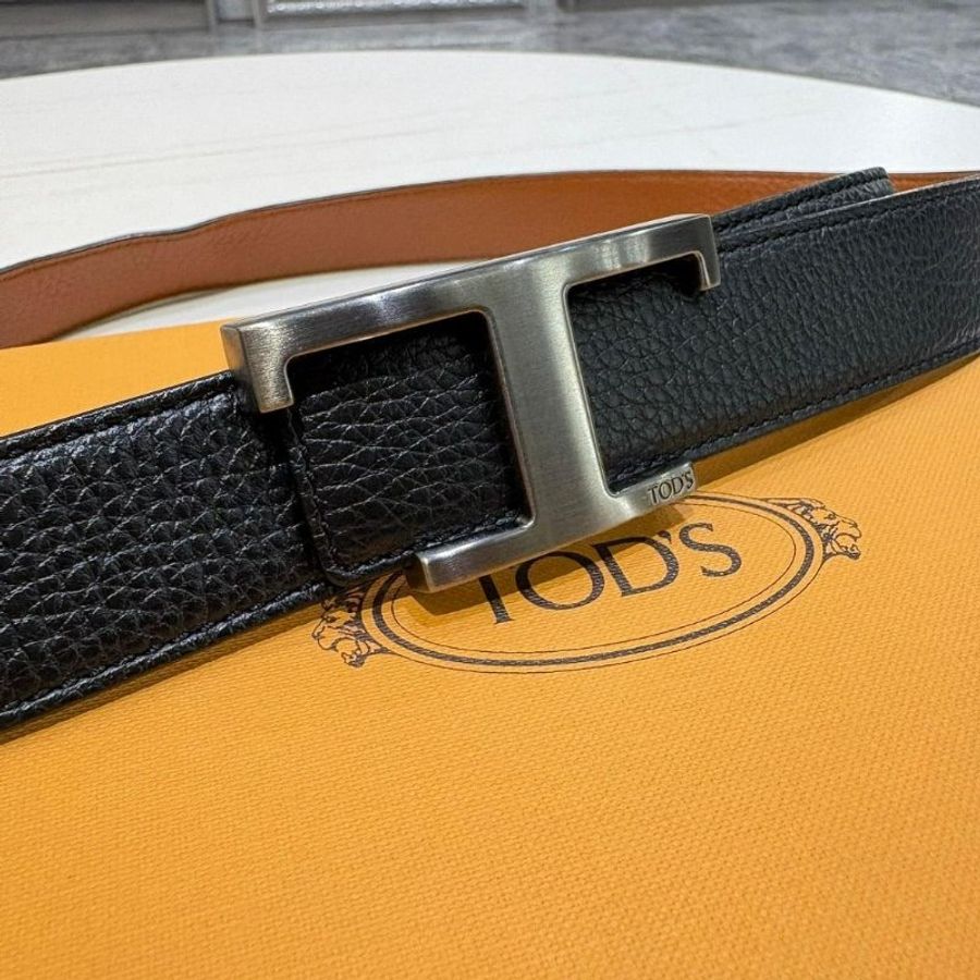 TOD'S Timeless 仿舊T釦牛皮腰帶(棕色x黑色) 90CM-2