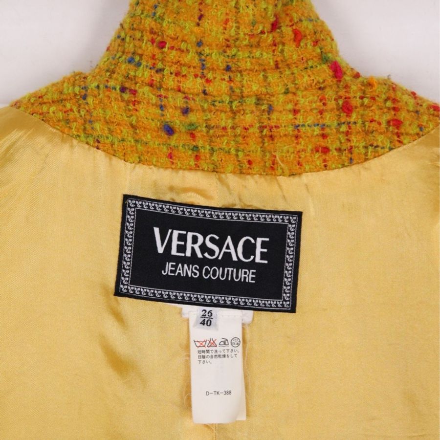 Versace黄色粗花呢彩色糖豆收腰两口袋西装半裙套装-10