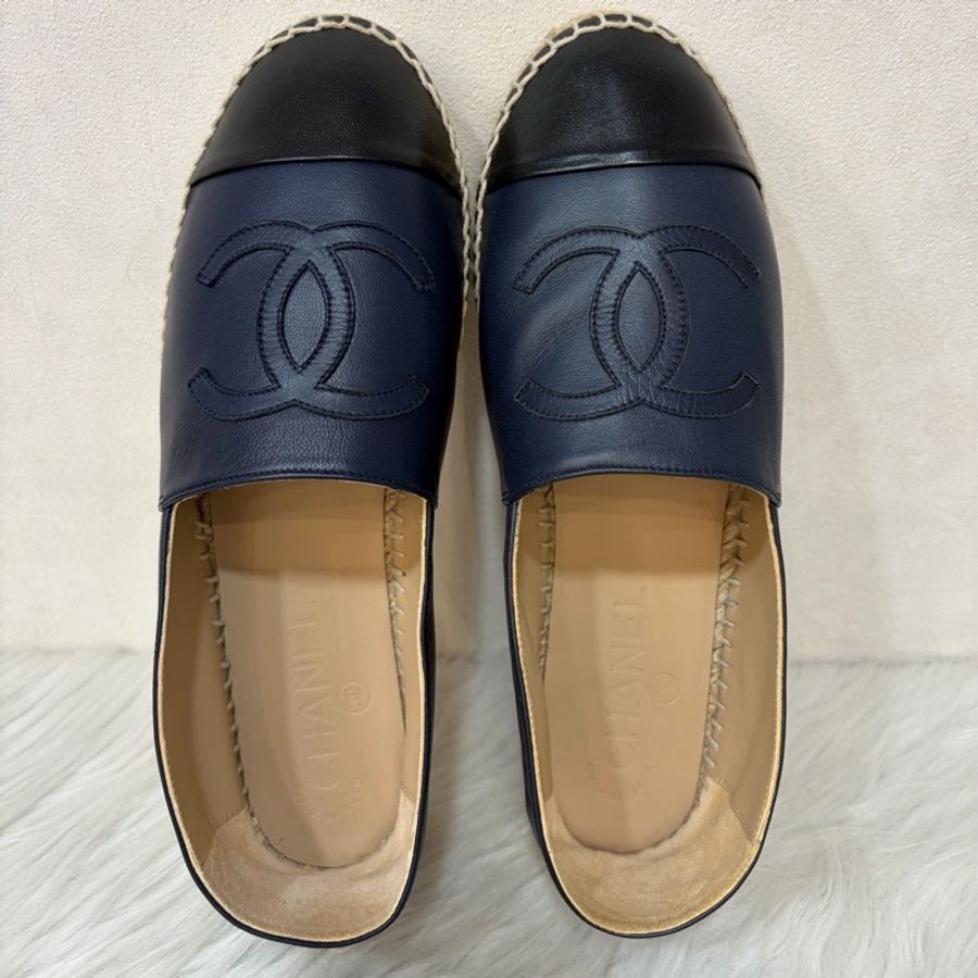 CHANEL G29762 黑拼藍 羊皮 厚底 鉛筆鞋 鬆餅鞋 草編鞋 休閒鞋 平底鞋-2
