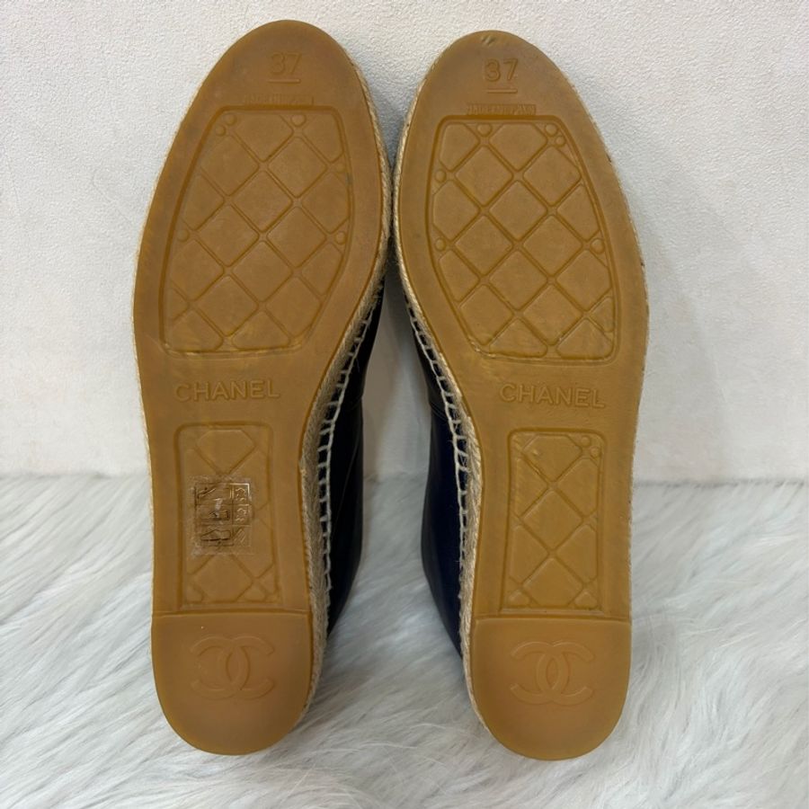 CHANEL G29762 黑拼藍 羊皮 厚底 鉛筆鞋 鬆餅鞋 草編鞋 休閒鞋 平底鞋-4