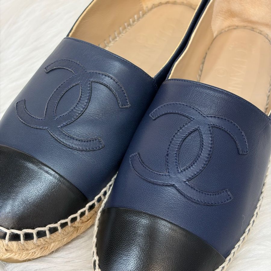 CHANEL G29762 黑拼藍 羊皮 厚底 鉛筆鞋 鬆餅鞋 草編鞋 休閒鞋 平底鞋-33