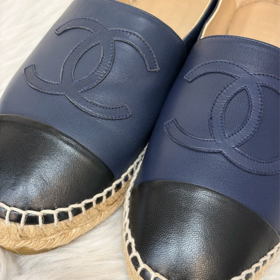 CHANEL G29762 黑拼藍 羊皮 厚底 鉛筆鞋 鬆餅鞋 草編鞋 休閒鞋 平底鞋-34