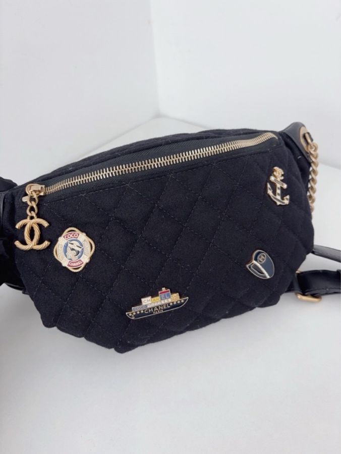 💎Chanel香奈兒|waist漢堡系列海軍限量徽章款腰包/胸包|黑色毛呢格紋拼皮|99新-7
