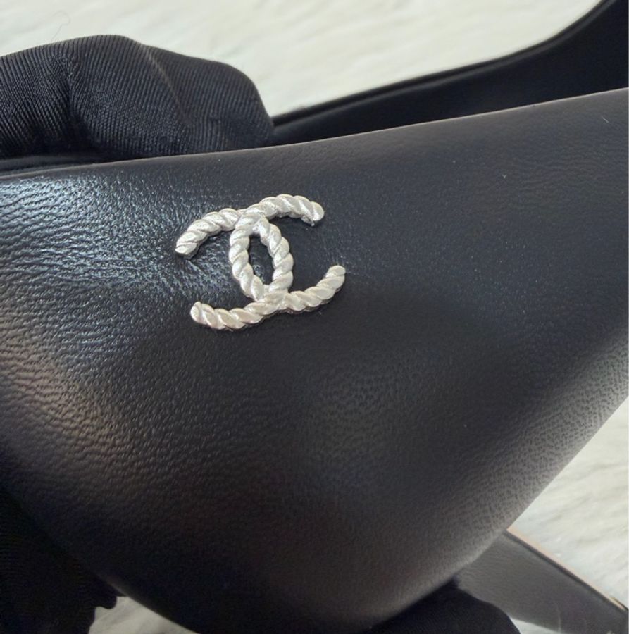 CHANEL G34298 黑皮 雙C 銀logo 高跟鞋 跟鞋 晚宴鞋-9