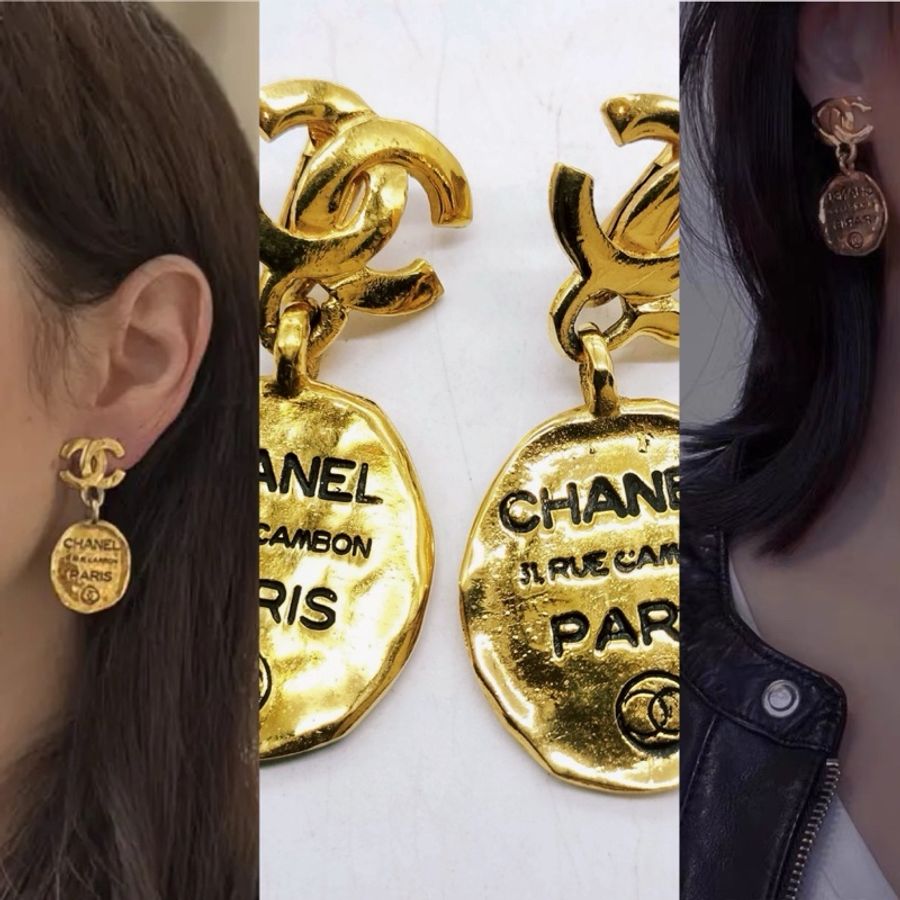 Chanel香奈兒✨31 RUE COMBON 康朋(康鵬)系列復古金雙C logo橢圓盤形吊墜✨夾式耳環 古董耳夾-0
