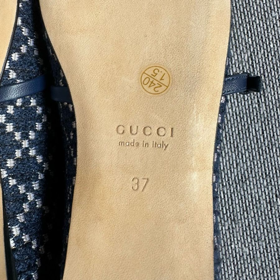 GUCCI/古馳 Horsebit 花呢 蝴蝶結搭扣 芭蕾平底鞋 平跟 瑪麗珍鞋 女款 藍色37碼-6
