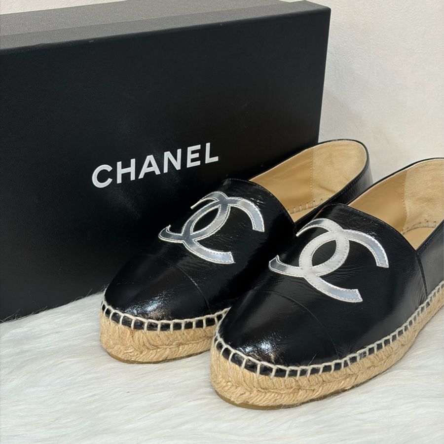 CHANEL G29762 黑色 漆亮羊皮 厚底 鉛筆鞋 鬆餅鞋 草編鞋 休閒鞋 平底鞋-0