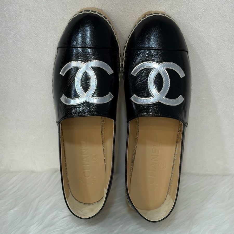 CHANEL G29762 黑色 漆亮羊皮 厚底 鉛筆鞋 鬆餅鞋 草編鞋 休閒鞋 平底鞋-2