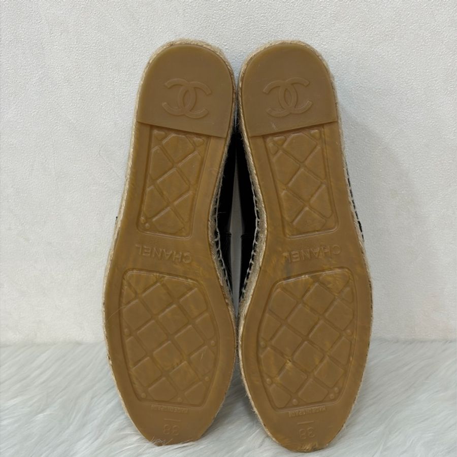 CHANEL G29762 黑色 漆亮羊皮 厚底 鉛筆鞋 鬆餅鞋 草編鞋 休閒鞋 平底鞋-3