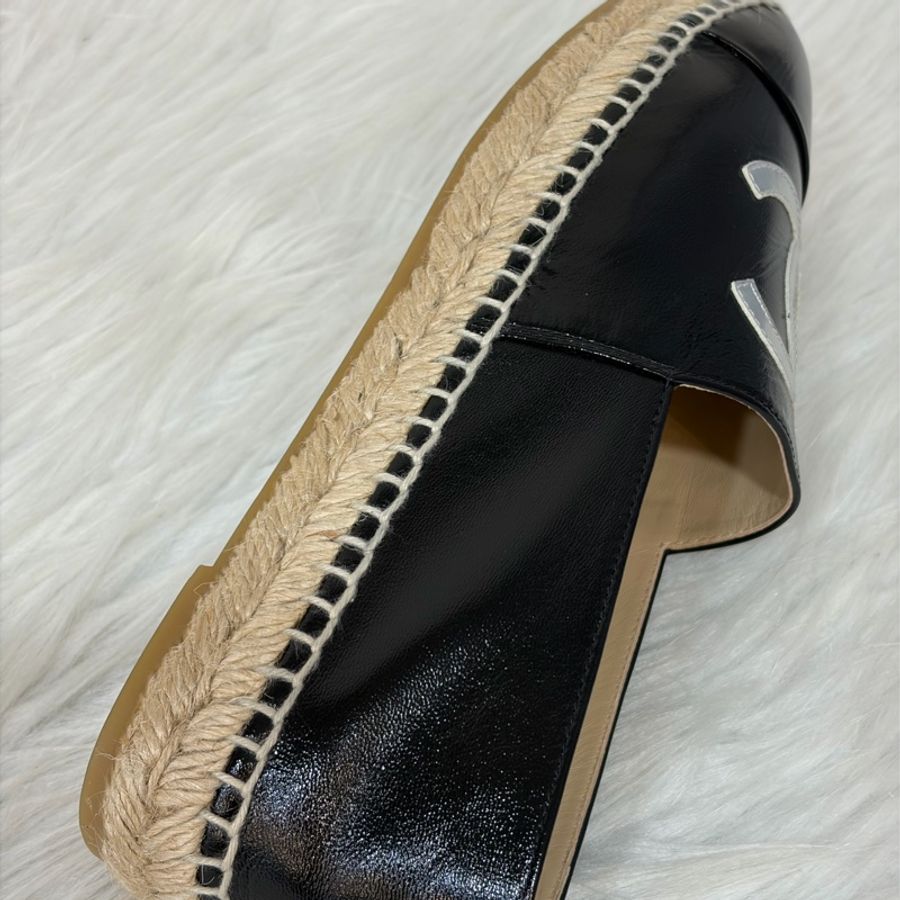 CHANEL G29762 黑色 漆亮羊皮 厚底 鉛筆鞋 鬆餅鞋 草編鞋 休閒鞋 平底鞋-7