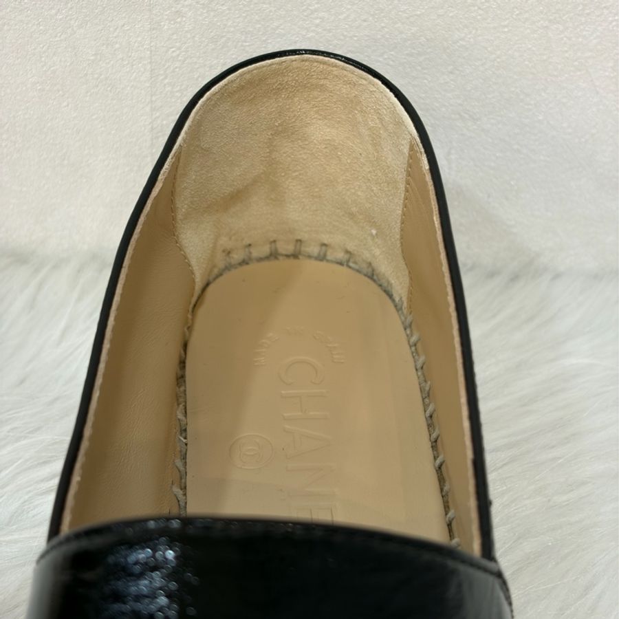 CHANEL G29762 黑色 漆亮羊皮 厚底 鉛筆鞋 鬆餅鞋 草編鞋 休閒鞋 平底鞋-9