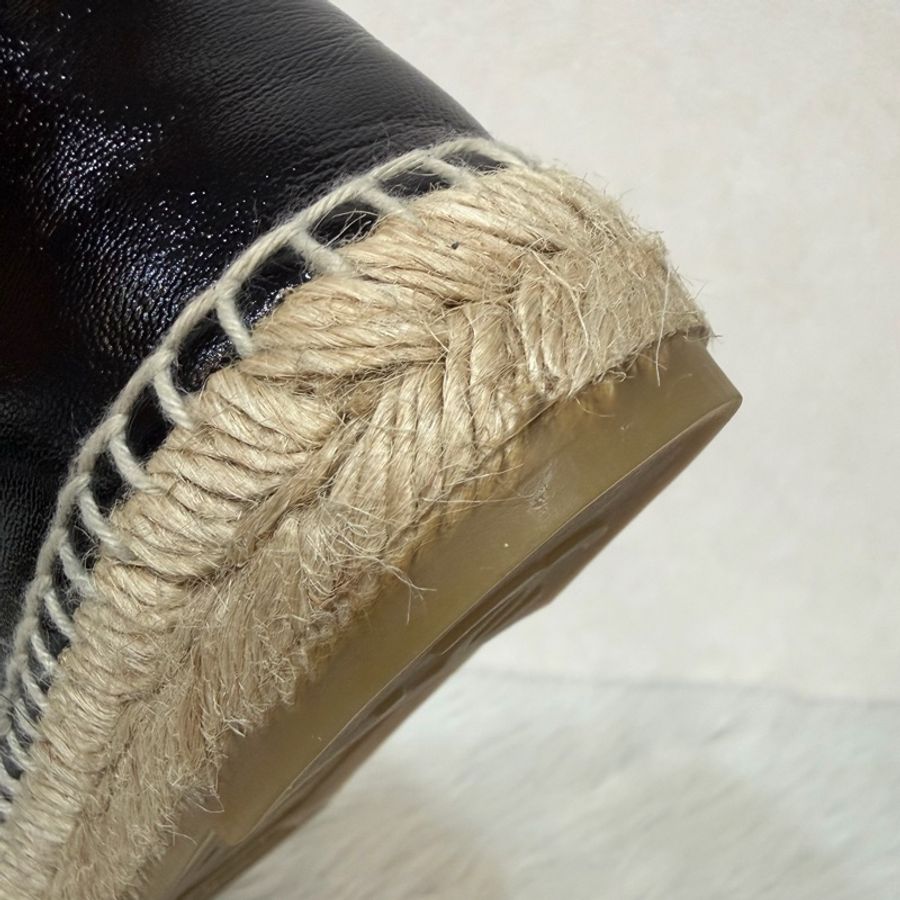 CHANEL G29762 黑色 漆亮羊皮 厚底 鉛筆鞋 鬆餅鞋 草編鞋 休閒鞋 平底鞋-14