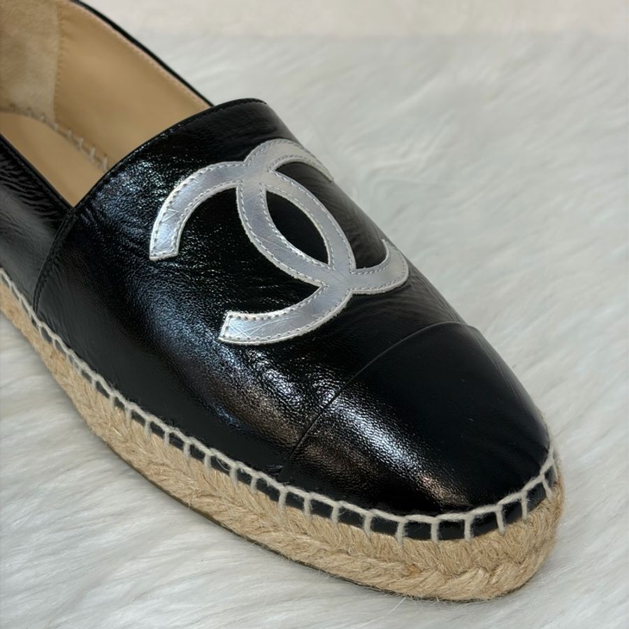 CHANEL G29762 黑色 漆亮羊皮 厚底 鉛筆鞋 鬆餅鞋 草編鞋 休閒鞋 平底鞋-19