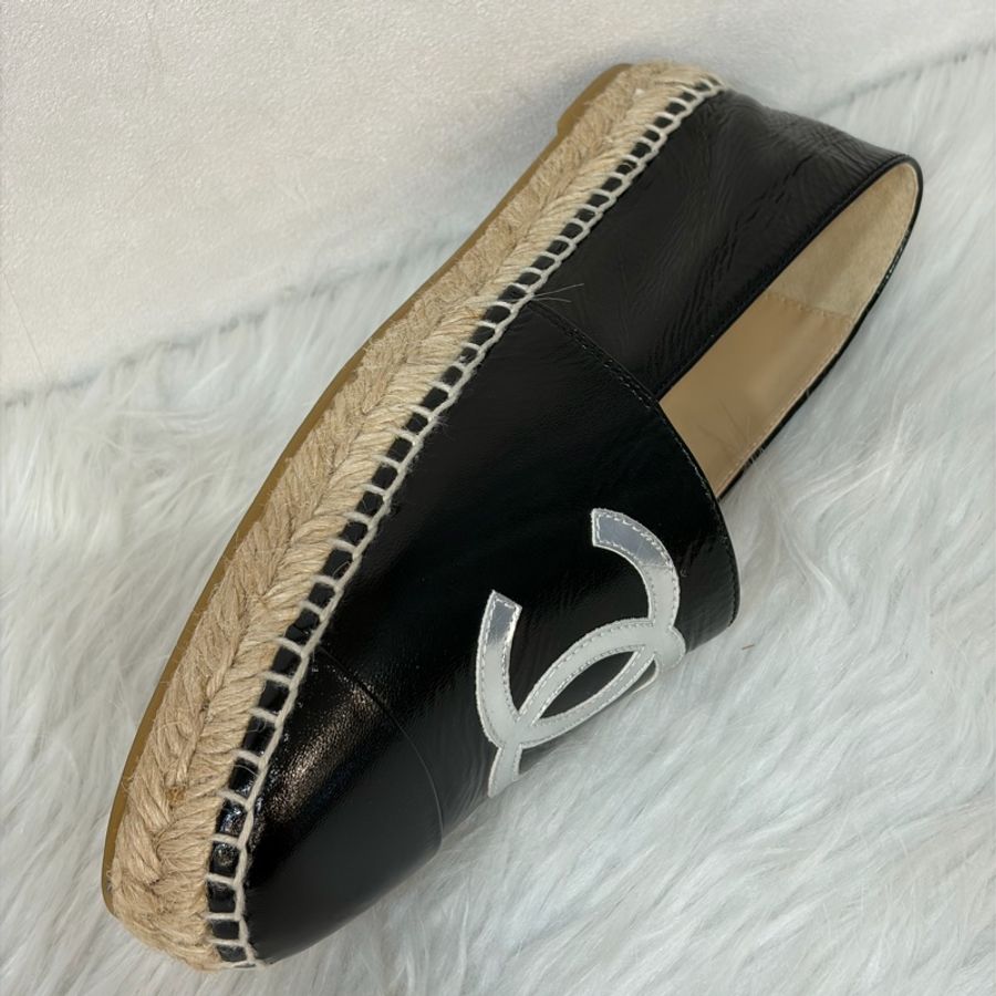 CHANEL G29762 黑色 漆亮羊皮 厚底 鉛筆鞋 鬆餅鞋 草編鞋 休閒鞋 平底鞋-21