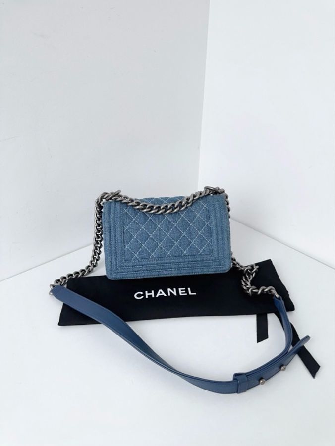 💎Chanel香奈兒|牛仔丹寧Leboy 做舊銀扣|外縫白線菱格|小號|98新-2
