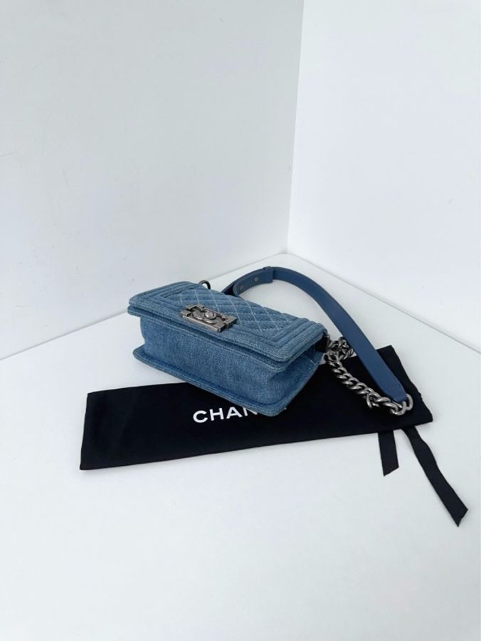 💎Chanel香奈兒|牛仔丹寧Leboy 做舊銀扣|外縫白線菱格|小號|98新-4