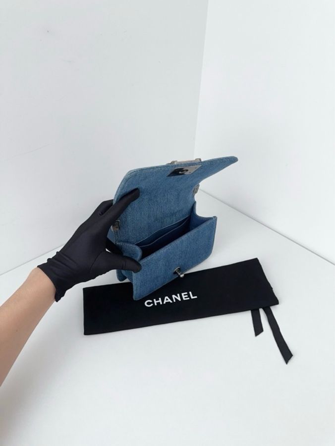 💎Chanel香奈兒|牛仔丹寧Leboy 做舊銀扣|外縫白線菱格|小號|98新-7