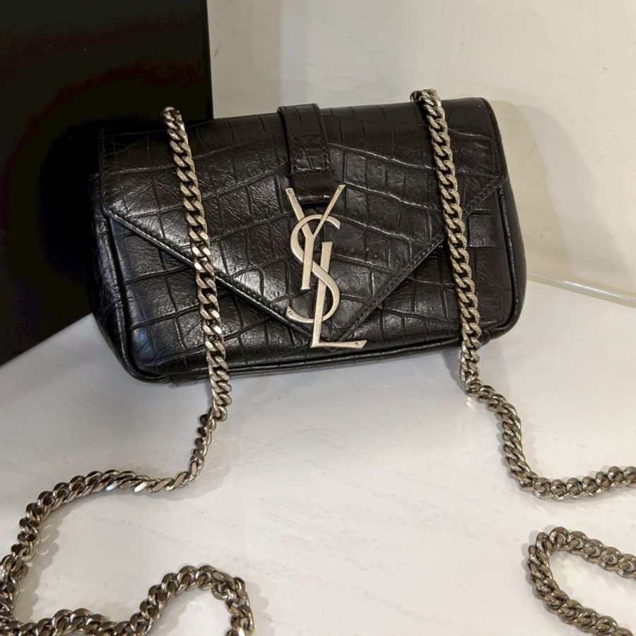 Saint Laurent聖羅蘭黑銀鱷魚壓紋牛皮斜挎包-5