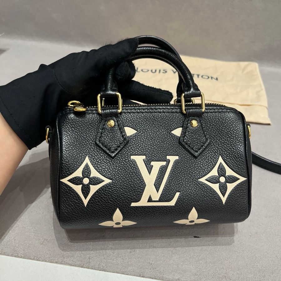 路易威登 LV speedy nano黑白熊貓全皮壓紋mini枕頭包手提包斜挎包 金扣 芯片款-3