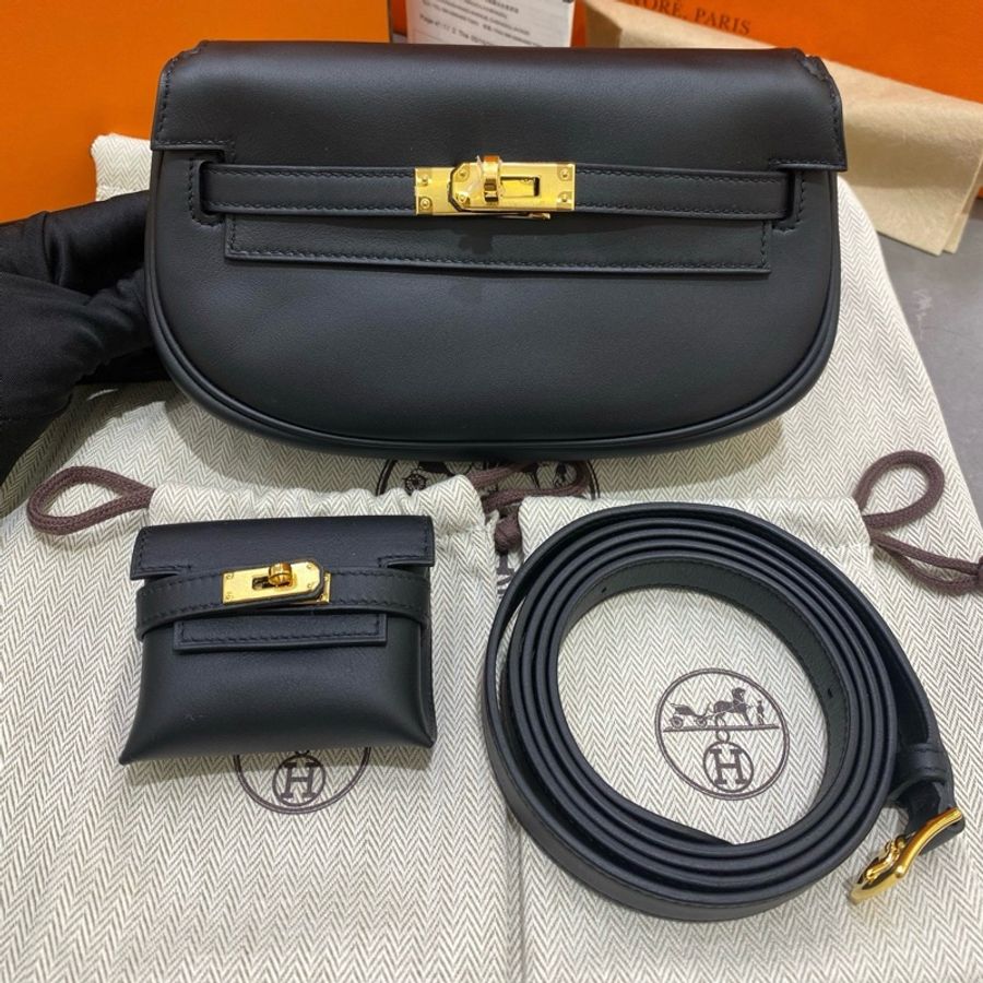 Hermes愛馬仕 黑金kelly moove單肩包斜挎包子母包 swift皮 底長19cm-0