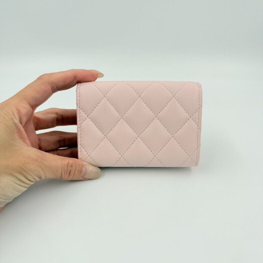 CHANEL - 粉色牛皮麻花金色雙C釦雙面mini三折短夾-2