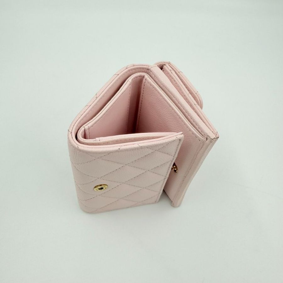 CHANEL - 粉色牛皮麻花金色雙C釦雙面mini三折短夾-7