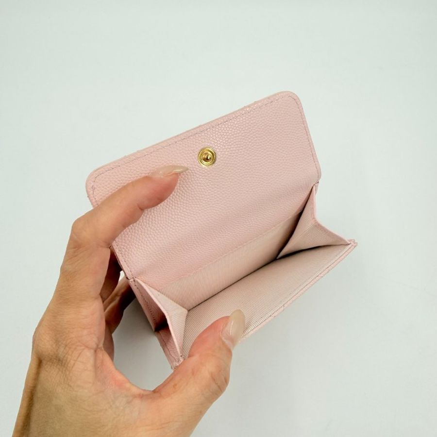 CHANEL - 粉色牛皮麻花金色雙C釦雙面mini三折短夾-13