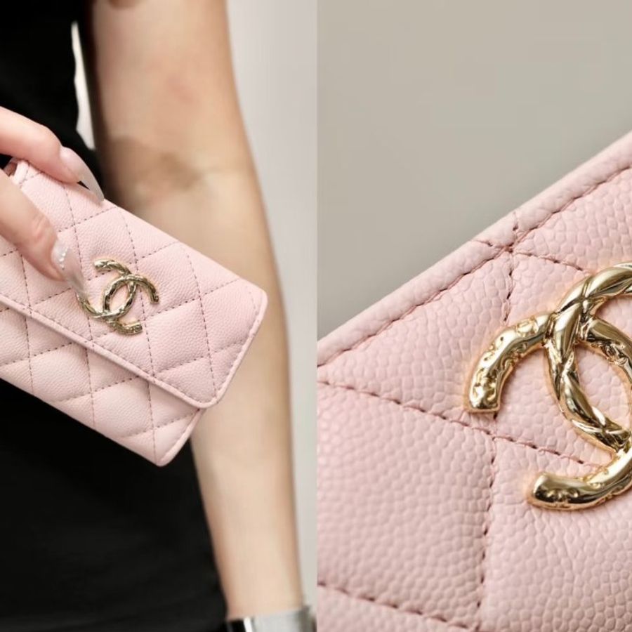 CHANEL - 粉色牛皮麻花金色雙C釦雙面mini三折短夾-8